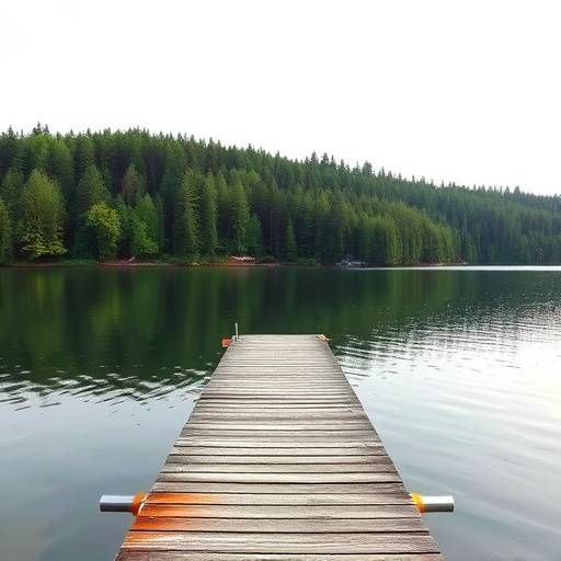 A serene lake surrounded by lush green forests, with a wooden dock extending into the water.