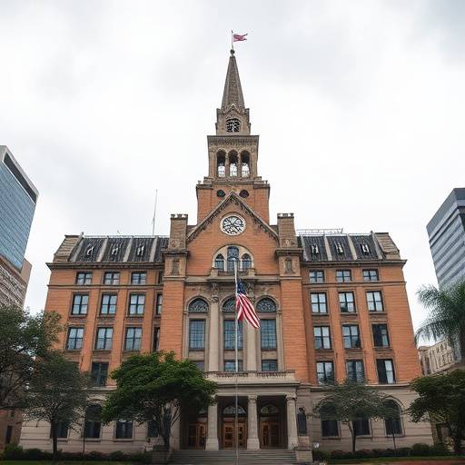 Exterior of Atlanta City Hall with the American flag waving in the wind.